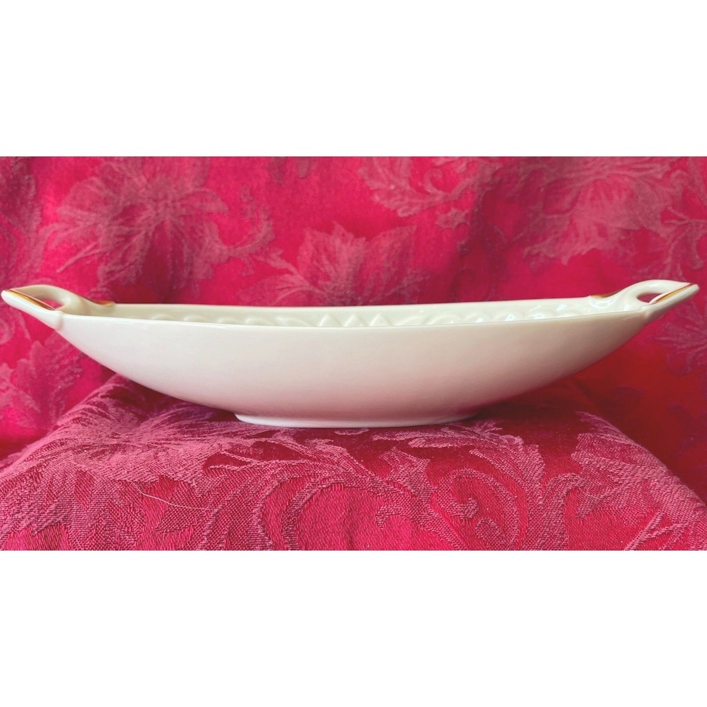 Lenox Monaco White Porcelain Embossed Oblong Serving Dish 24k Gold Handles USA - Picture 3 of 9